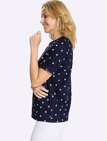 T-shirt à manches courtes avec col rond et imprimé marin à pois - Taille standard - Moda Vilona