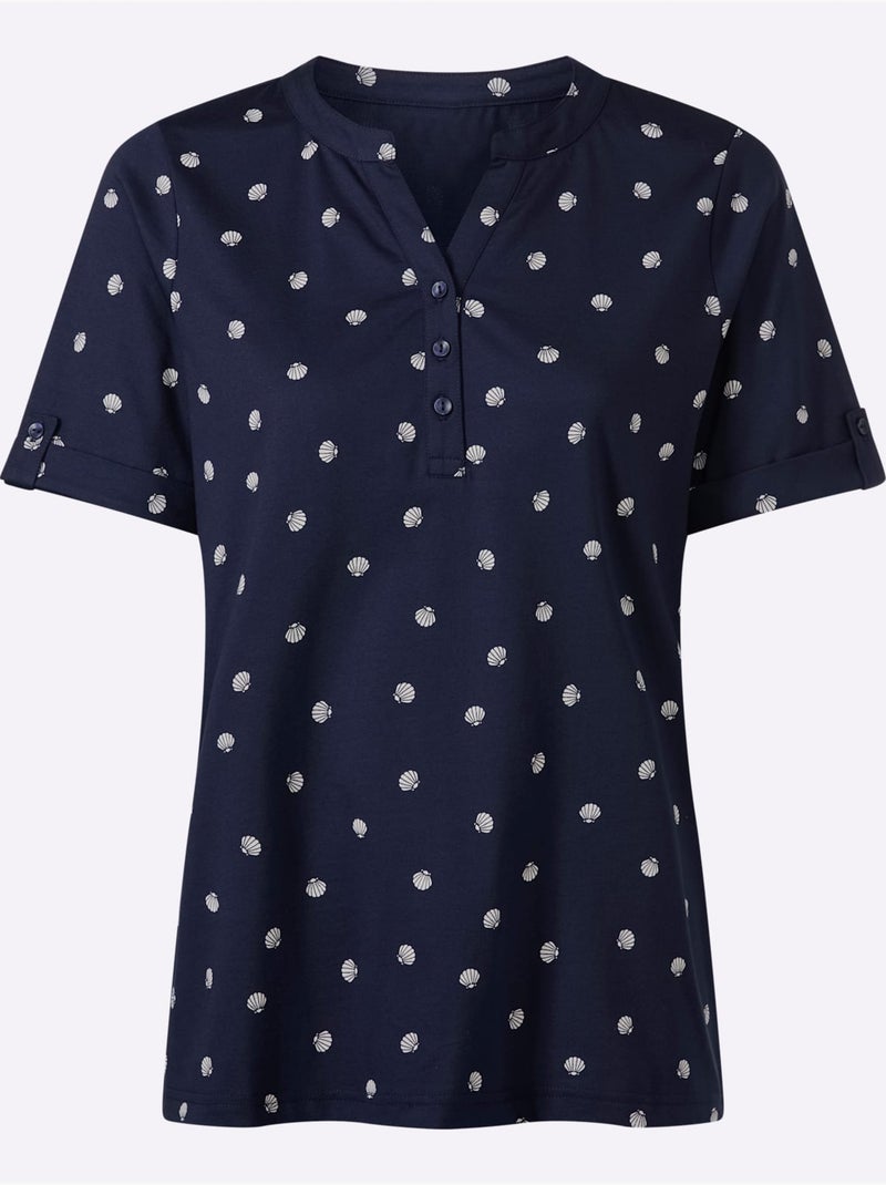 T-shirt à manches courtes avec col rond et imprimé marin à pois - Taille standard - Moda Vilona Ecru/Marine - Kiabi