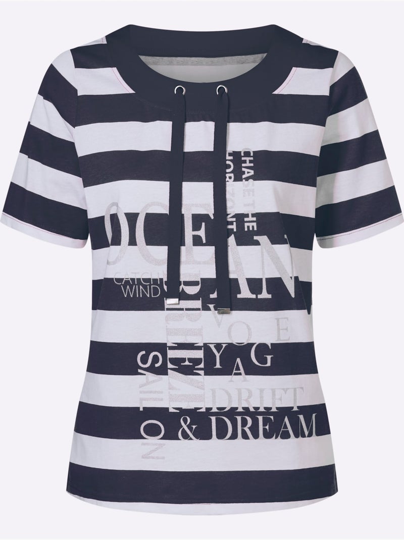 T-shirt à manches courtes avec col rond et inscription brillante - Taille standard - Moda Vilona Blanc/Marine - Kiabi