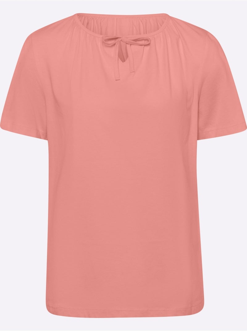 T-shirt à manches courtes avec col rond et lien à nouer - taille standard - moda vilona Rose - Kiabi
