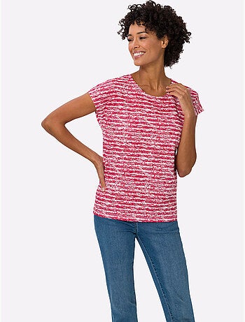 T-shirt à manches courtes avec col rond et rayures délavées - Taille standard - Moda Vilona