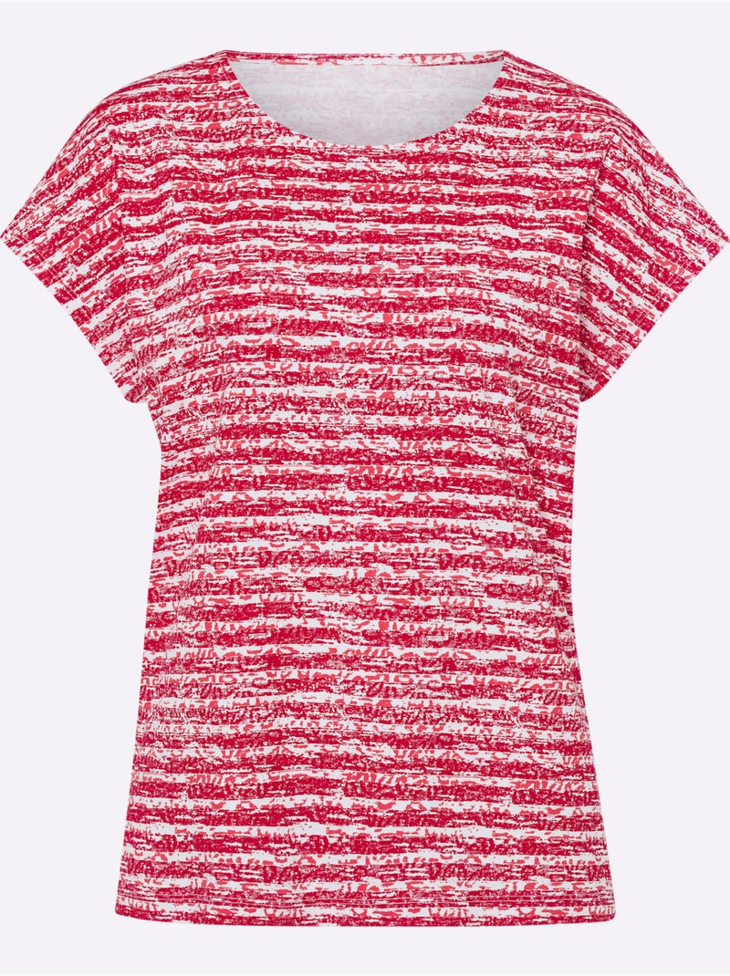 T-shirt à manches courtes avec col rond et motif à rayures - Taille standard - Moda Vilona Rouge - Kiabi