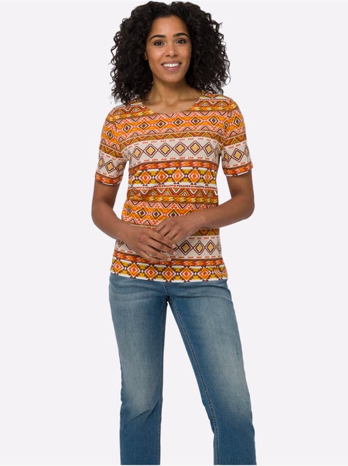 T-shirt à manches courtes avec col rond et motif ethnique coloré - Taille standard - Moda Vilona - Kiabi T-shirt à manches courtes avec col rond et motif ethnique coloré - Taille standard - Moda Vilona - Kiabi