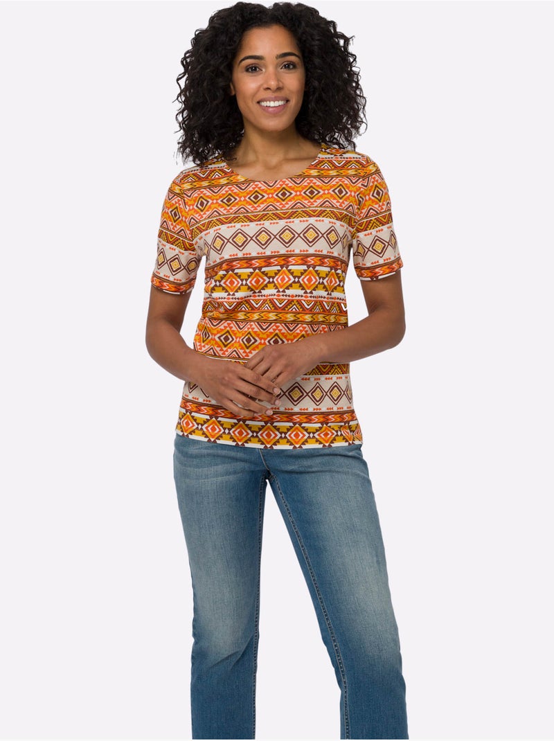 T-shirt à manches courtes avec col rond et motif ethnique coloré - Taille standard - Moda Vilona Orange/Rouge - Kiabi