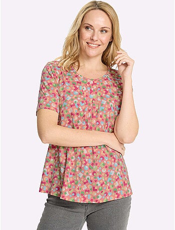 T-shirt à manches courtes avec col rond et plis affinants - Taille standard - Moda Vilona