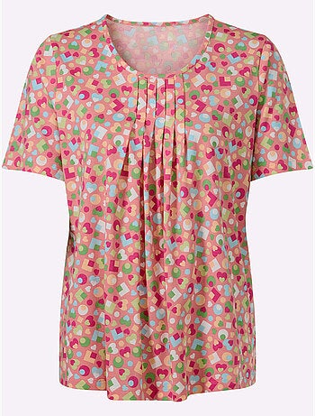 T-shirt à manches courtes avec col rond et plis affinants - Taille standard - Moda Vilona