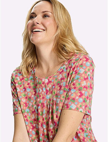 T-shirt à manches courtes avec col rond et plis affinants - Taille standard - Moda Vilona
