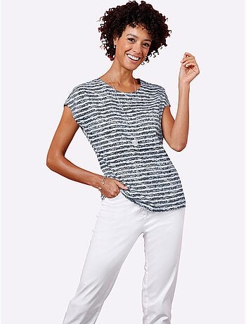 T-shirt à manches courtes avec col rond et rayures délavées - Taille standard - Moda Vilona