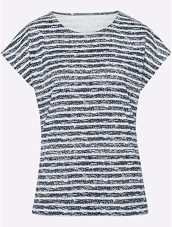 T-shirt à manches courtes avec col rond et rayures délavées - Taille standard - Moda Vilona
