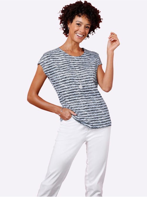 T-shirt à manches courtes avec col rond et rayures délavées - Taille standard - Moda Vilona - Kiabi