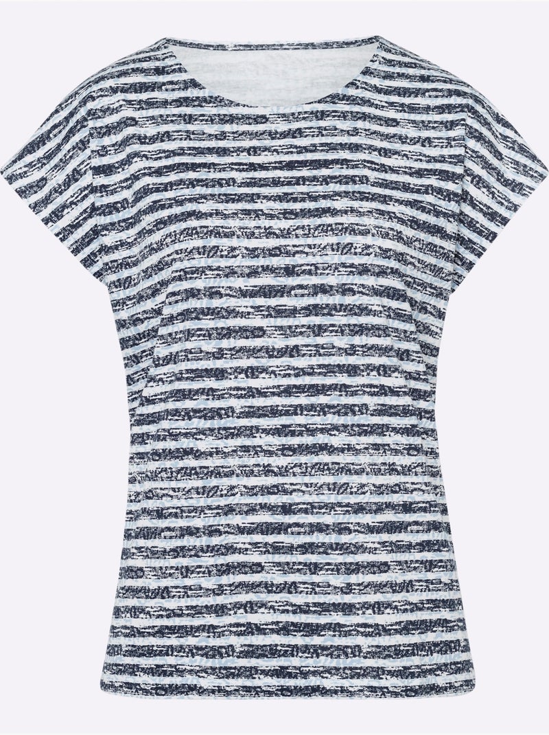 T-shirt à manches courtes avec col rond et rayures délavées - Taille standard - Moda Vilona Ecru/Marine - Kiabi