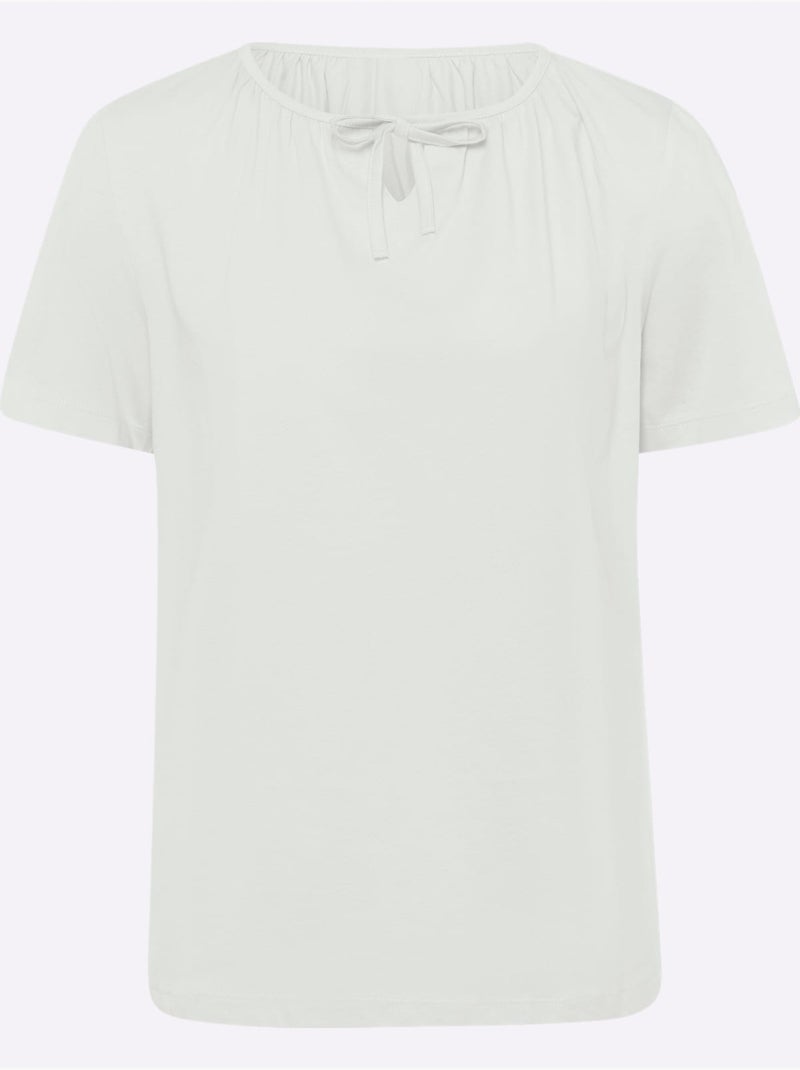 T-shirt à manches courtes avec col rond froncé et lien à nouer - taille standard - moda vilona Blanc - Kiabi
