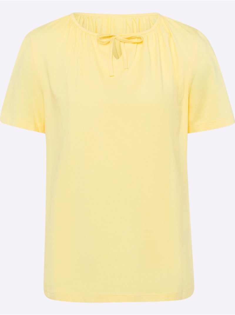 T-shirt à manches courtes avec col rond froncé et lien à nouer - taille standard - moda vilona Jaune citron - Kiabi