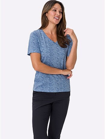 T-shirt à manches courtes avec col V et effet chiné doux - Taille standard - Moda Vilona