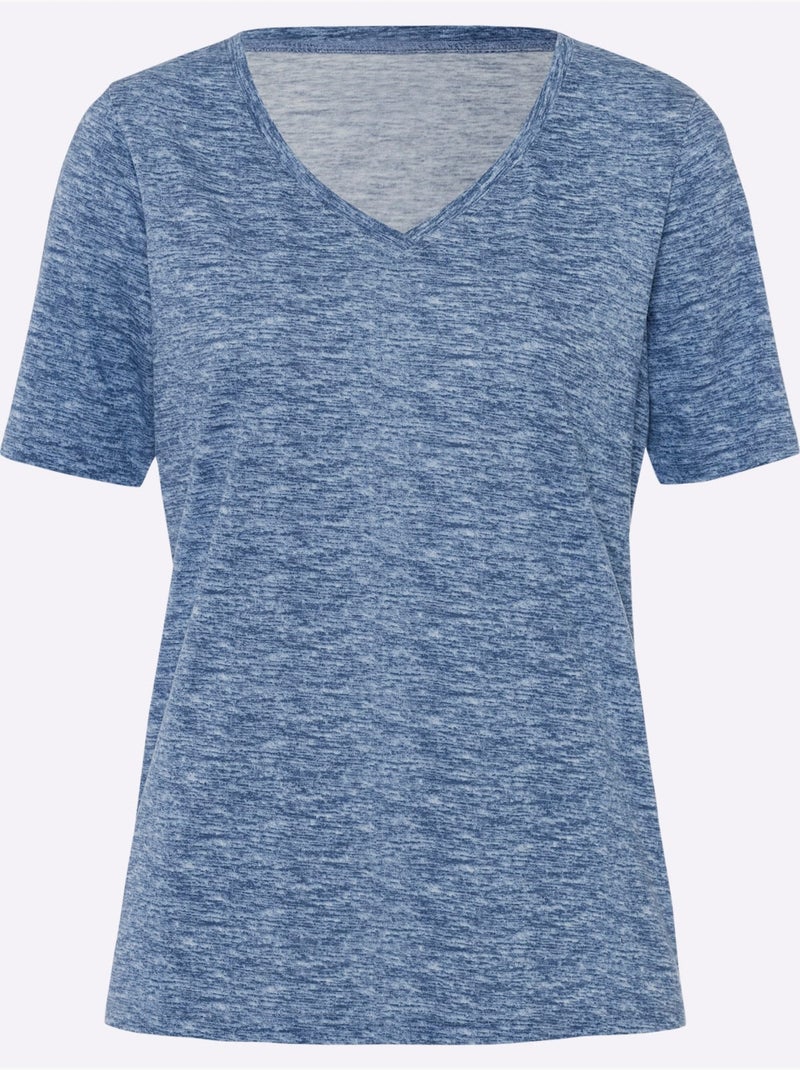 T-shirt à manches courtes avec col V et effet chiné doux - Taille standard - Moda Vilona Bleu jean - Kiabi
