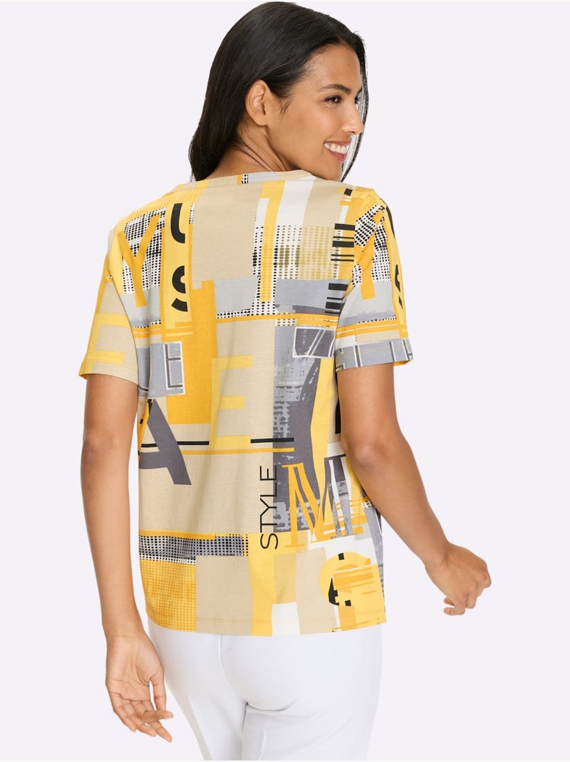 T-shirt à manches courtes avec col V et imprimé graphique - Taille standard - Moda Vilona Ocre - Kiabi