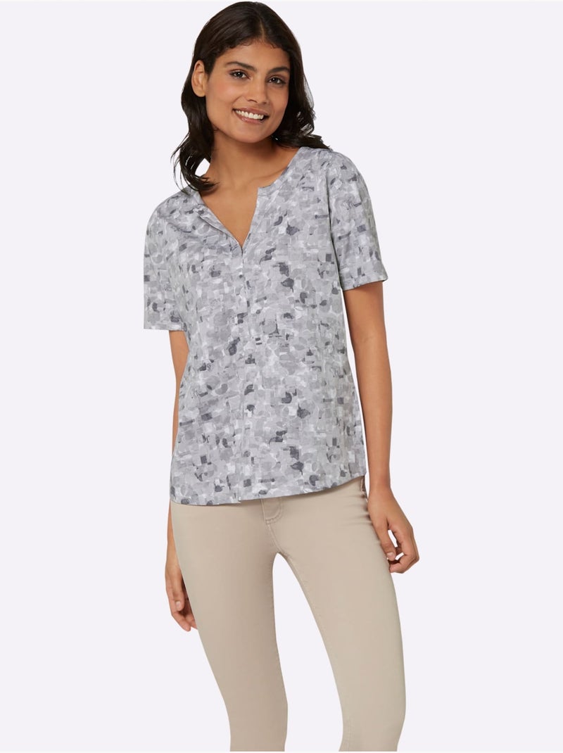T-shirt à manches courtes avec col V et imprimé harmonieux - Taille standard - Moda Vilona Gris Gris clair - Kiabi