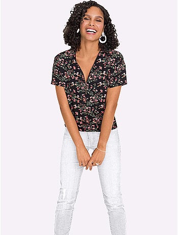 T-shirt à manches courtes avec col en V et motifs floraux - Taille standard - Witt