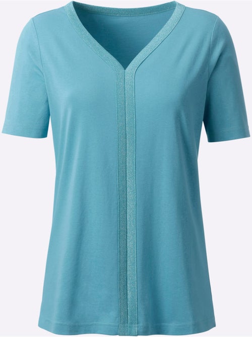 T-shirt à manches courtes avec col V et ruban brillant - Taille standard - Moda Vilona - Kiabi