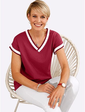 T-shirt à manches courtes avec col V et ruban décoratif - Taille standard - Moda Vilona