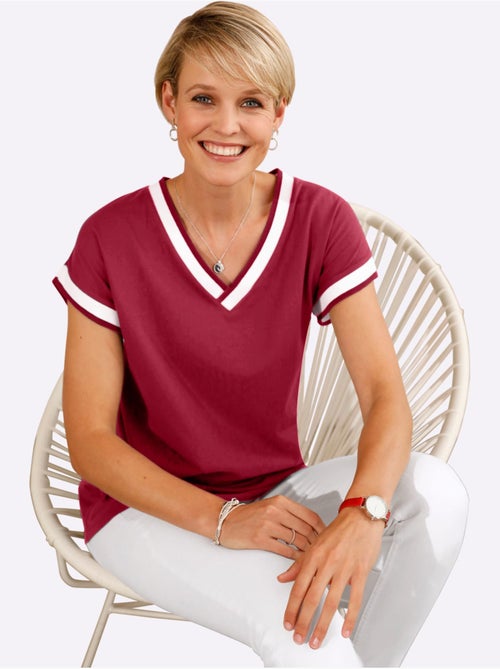 T-shirt à manches courtes avec col V et ruban décoratif - Taille standard - Moda Vilona - Kiabi