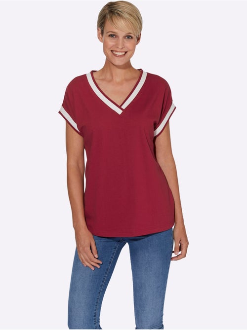 T-shirt à manches courtes avec col V et ruban décoratif - Taille standard - Moda Vilona - Kiabi