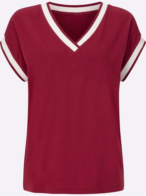 T-shirt à manches courtes avec col V et ruban décoratif - Taille standard - Moda Vilona - Kiabi