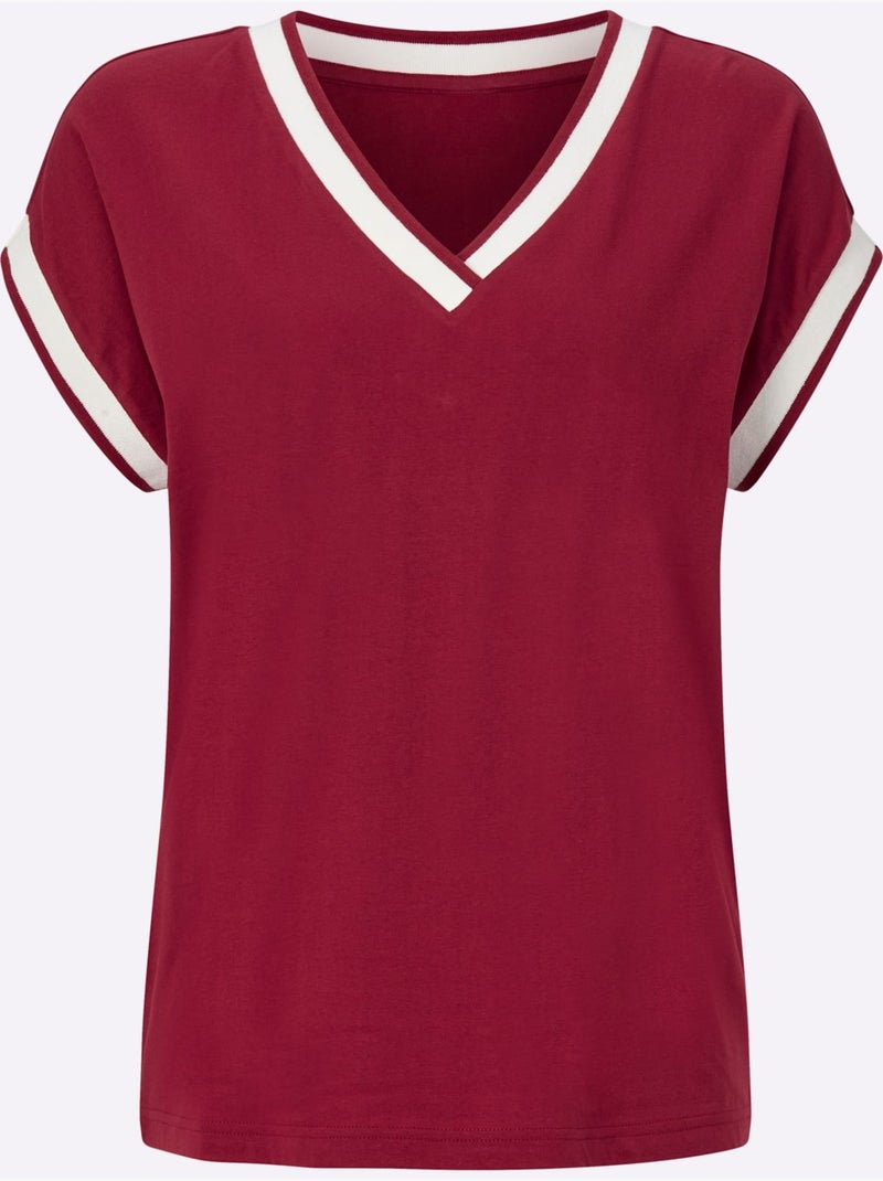 T-shirt à manches courtes avec col V et ruban décoratif - Taille standard - Moda Vilona Cerise - Kiabi