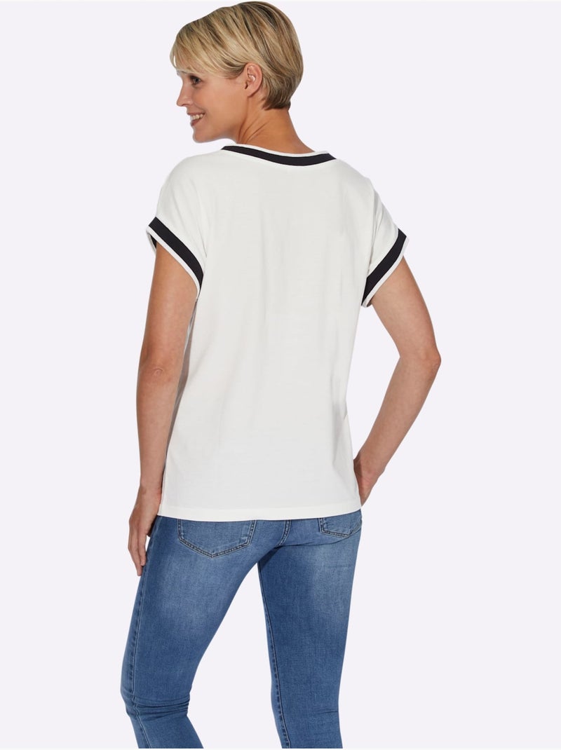 T-shirt à manches courtes avec col V et ruban décoratif - Taille standard - Moda Vilona Ecru - Kiabi