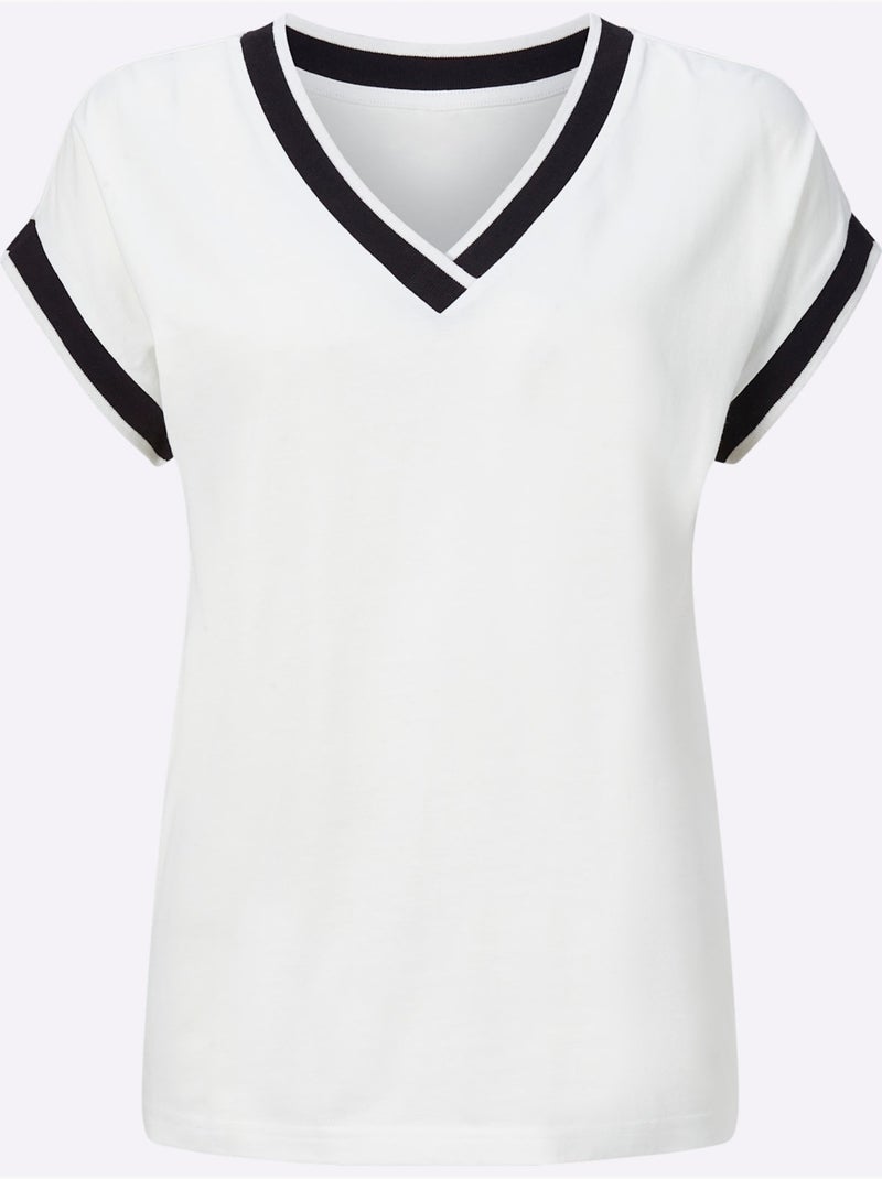T-shirt à manches courtes avec col V et ruban décoratif - Taille standard - Moda Vilona Ecru - Kiabi