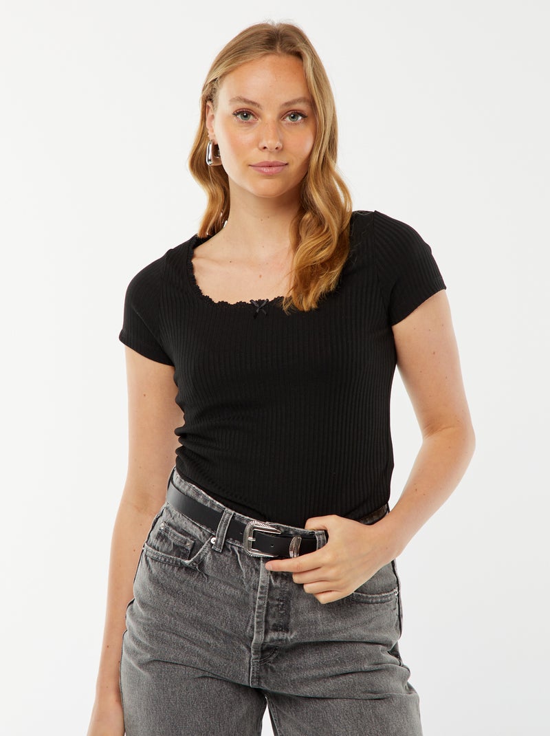 T-shirt à manches courtes avec dentelle et nœud fantaisiste noir - Kiabi