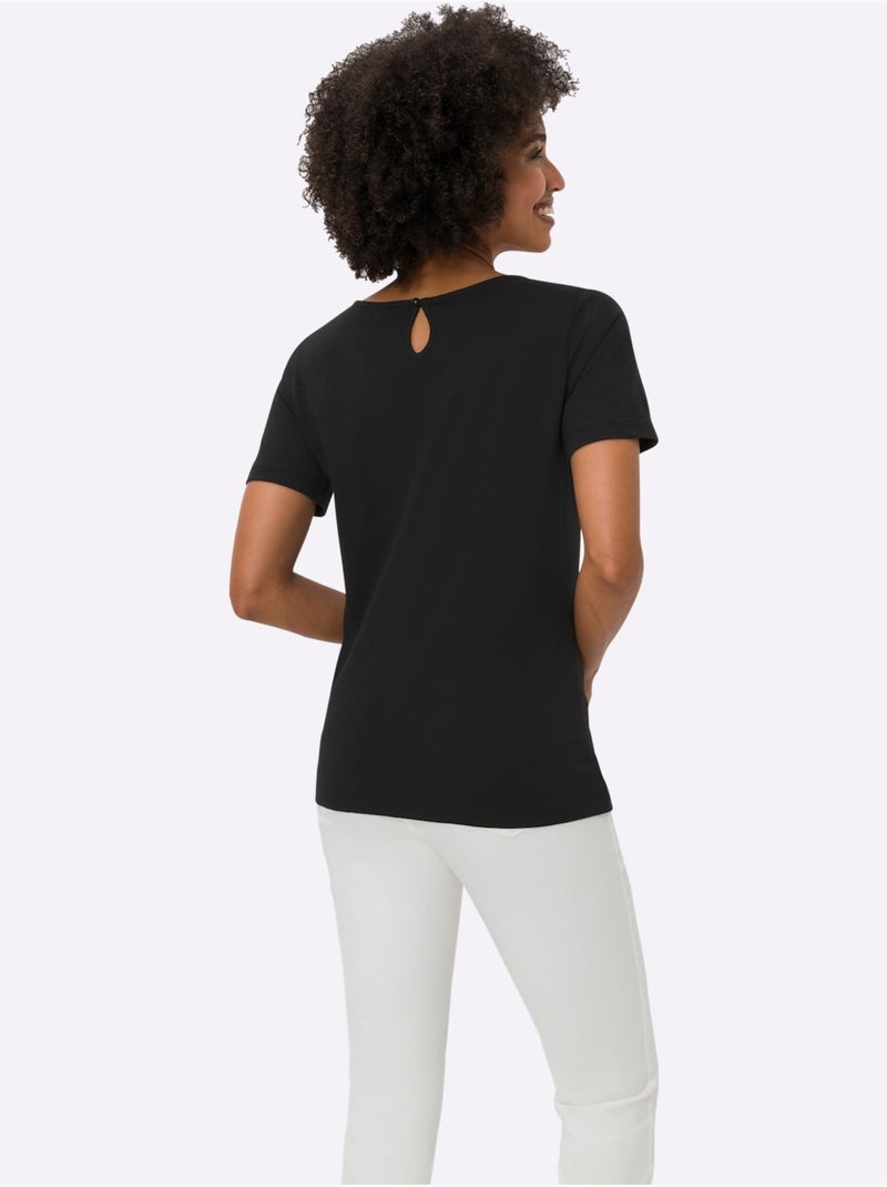 T shirt à manches courtes avec dentelle sur le col rond - Taille standard - Helline Noir Beige - Kiabi