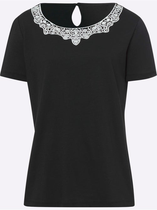 T shirt à manches courtes avec dentelle sur le col rond - Taille standard - Helline - Kiabi