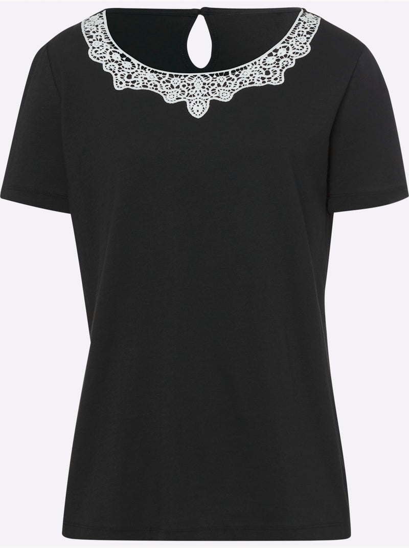 T shirt à manches courtes avec dentelle sur le col rond - Taille standard - Helline Noir Beige - Kiabi