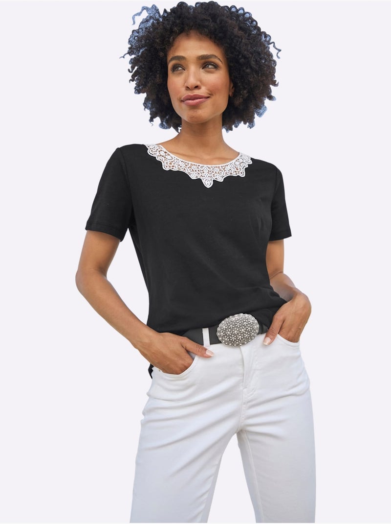 T shirt à manches courtes avec dentelle sur le col rond - Taille standard - Helline Noir Beige - Kiabi