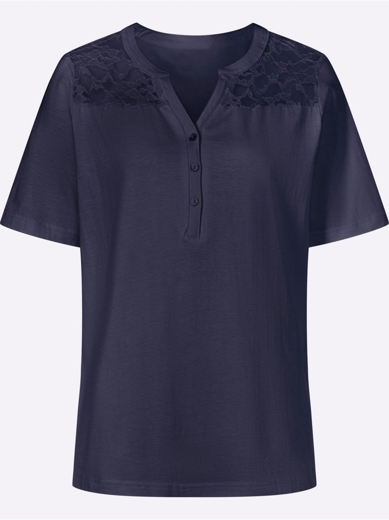 T-shirt à manches courtes avec empiècement en dentelle florale - Taille standard - Moda Vilona Bleu marine - Kiabi