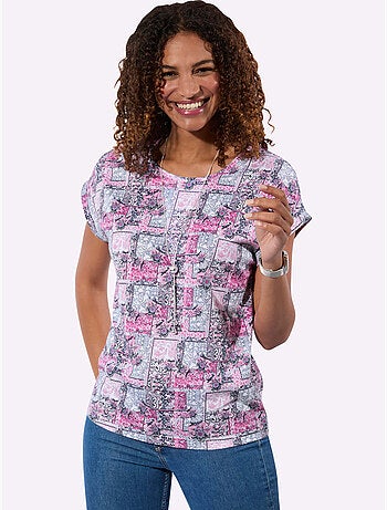 T-shirt à manches courtes avec encolure ronde à imprimé patchwork - Taille standard - Witt