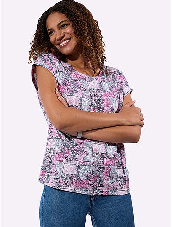 T-shirt à manches courtes avec encolure ronde à imprimé patchwork - Taille standard - Witt