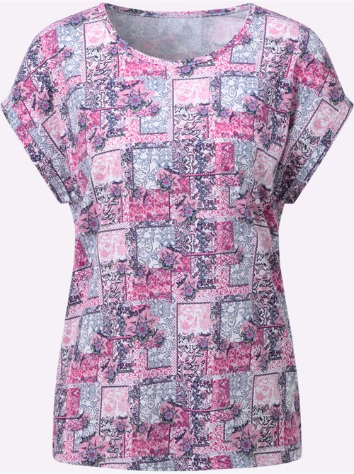 T-shirt à manches courtes avec encolure ronde à imprimé patchwork - Taille standard - Witt - Kiabi