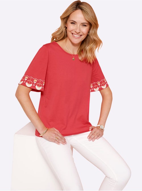 T-shirt à manches courtes avec encolure ronde et bordures imprimées - Taille standard - Moda Vilona - Kiabi