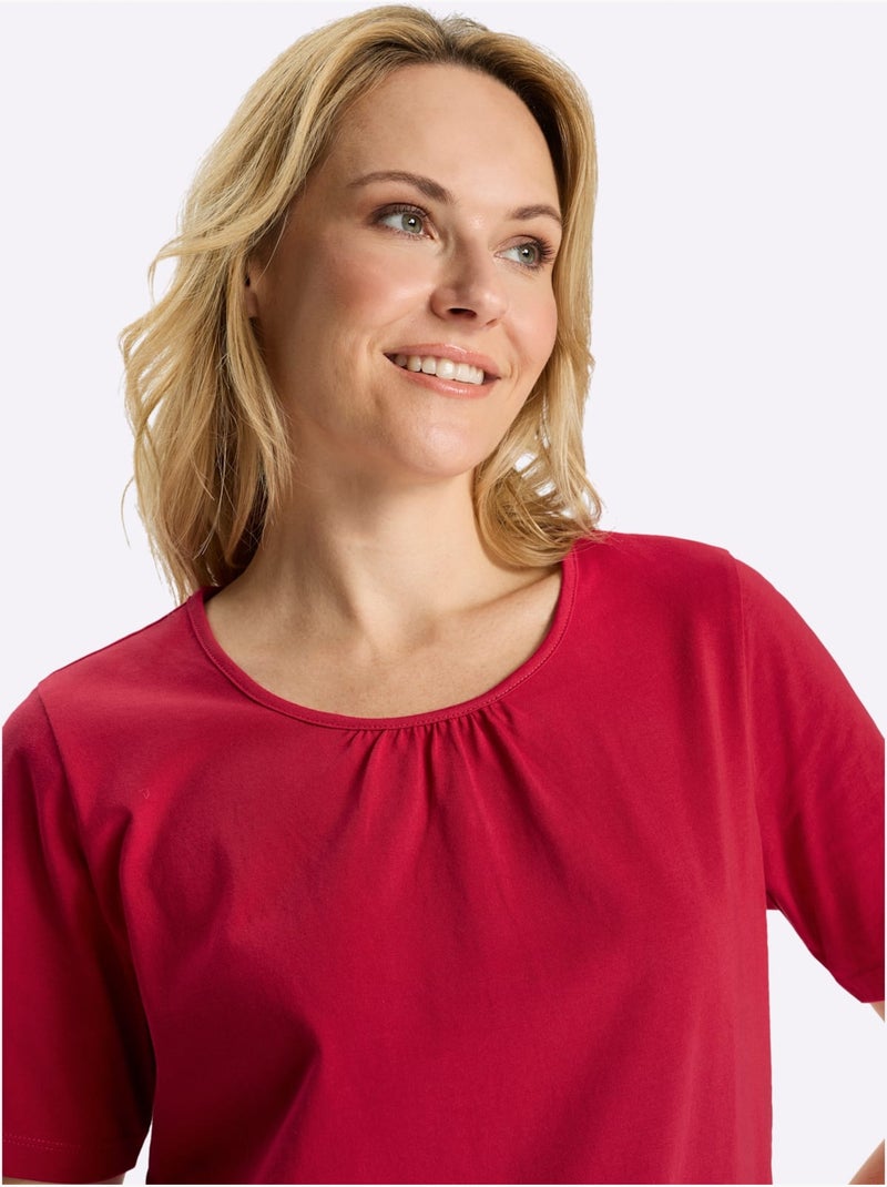 T-shirt à manches courtes avec encolure ronde et fronces - Taille standard - Moda Vilona Rouge - Kiabi
