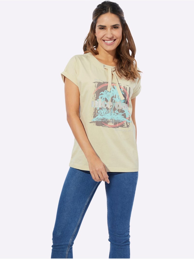 T-shirt à manches courtes avec encolure ronde et imprimé brillant - Taille standard - Moda Vilona Sable - Kiabi