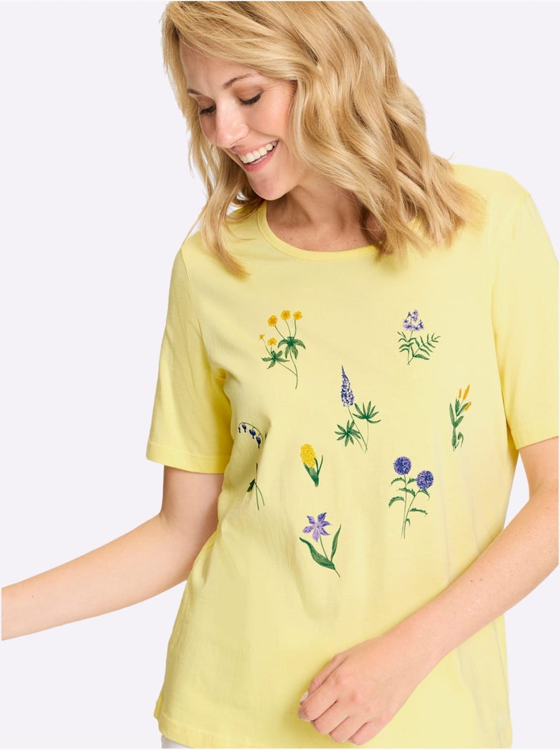 T-shirt à manches courtes avec encolure ronde et imprimé floral - Taille standard - Moda Vilona Jaune citron - Kiabi