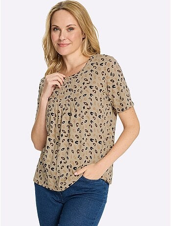 T-shirt à manches courtes avec encolure ronde et imprimé léopard - Taille standard - Moda Vilona