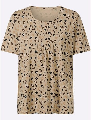 T-shirt à manches courtes avec encolure ronde et imprimé léopard - Taille standard - Moda Vilona