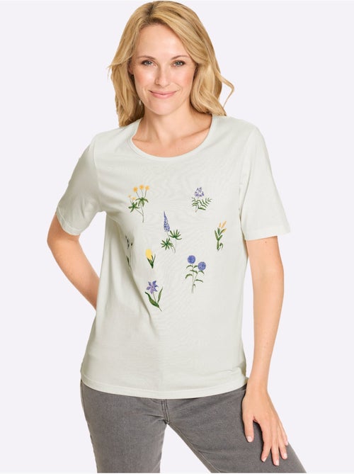 T-shirt à manches courtes avec encolure ronde et motif floral - Taille standard - Moda Vilona - Kiabi T-shirt à manches courtes avec encolure ronde et motif floral - Taille standard - Moda Vilona - Kiabi