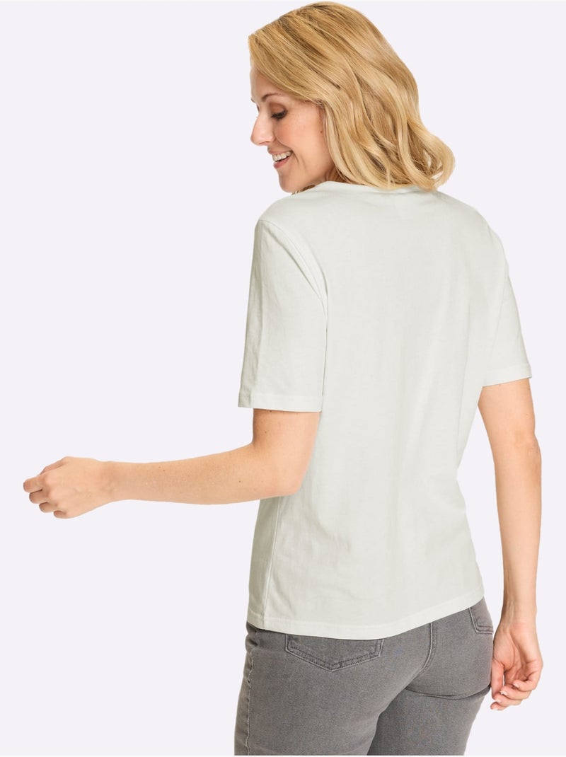 T-shirt à manches courtes avec encolure ronde et motif floral - Taille standard - Moda Vilona Ecru - Kiabi