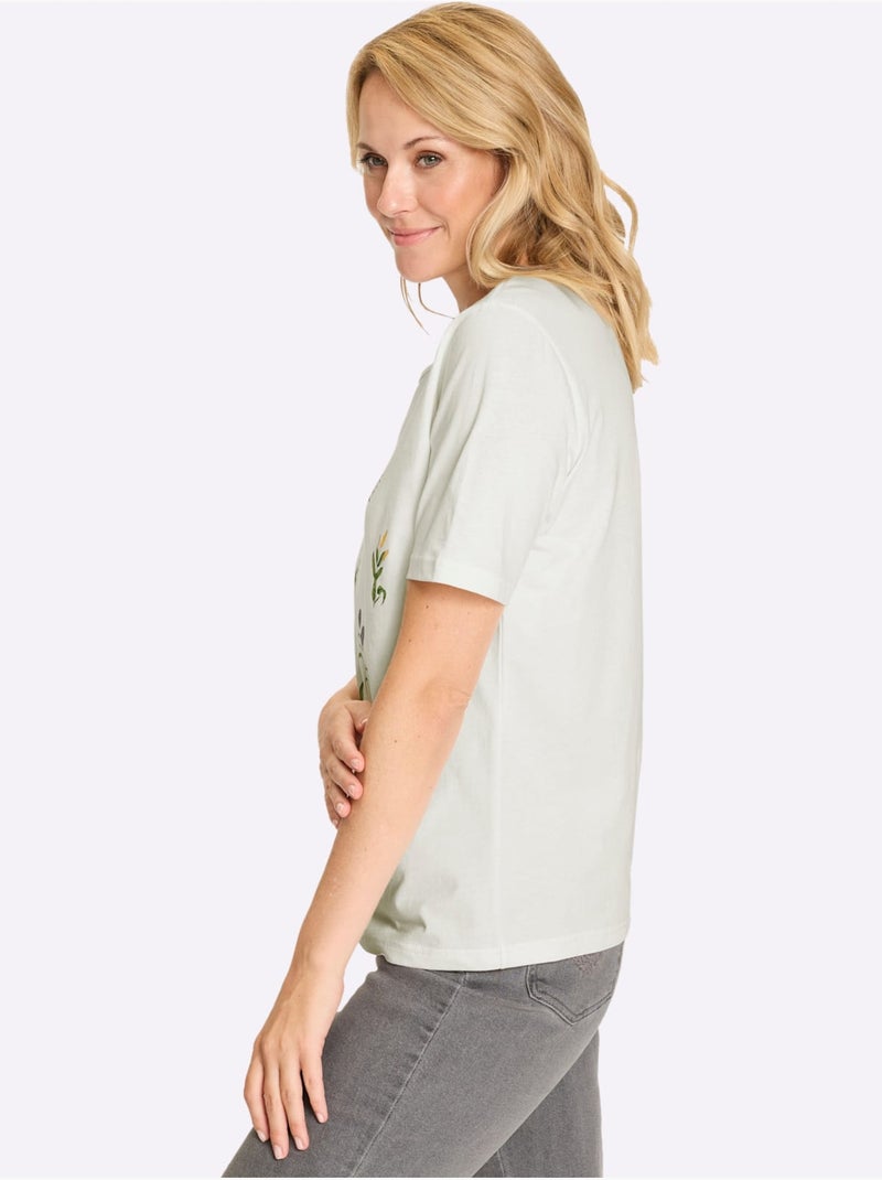 T-shirt à manches courtes avec encolure ronde et motif floral - Taille standard - Moda Vilona Ecru - Kiabi