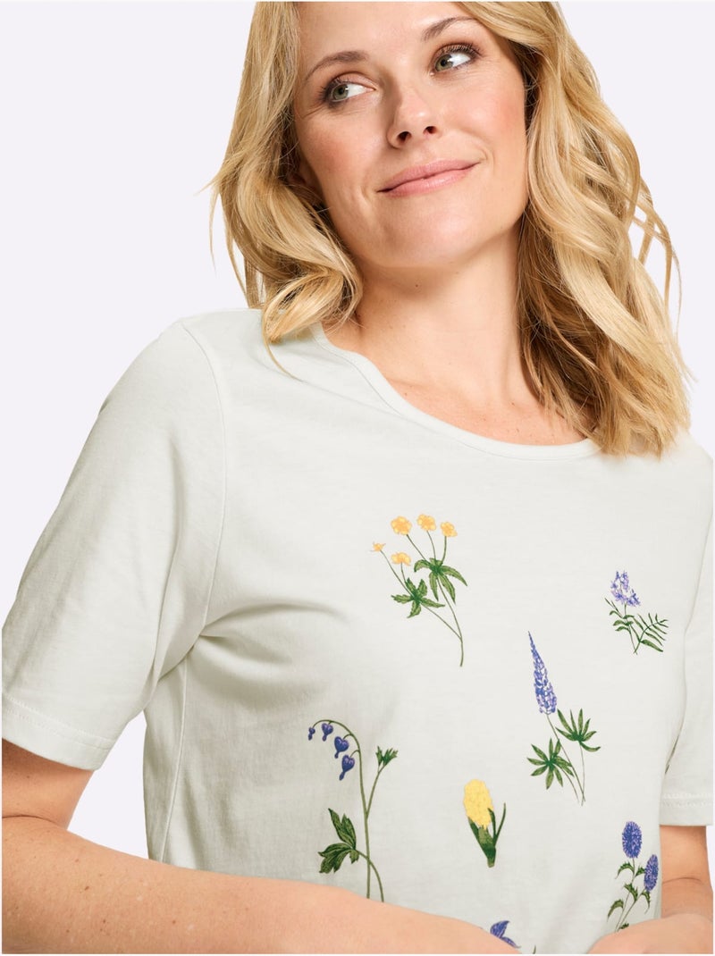 T-shirt à manches courtes avec encolure ronde et motif floral - Taille standard - Moda Vilona Ecru - Kiabi