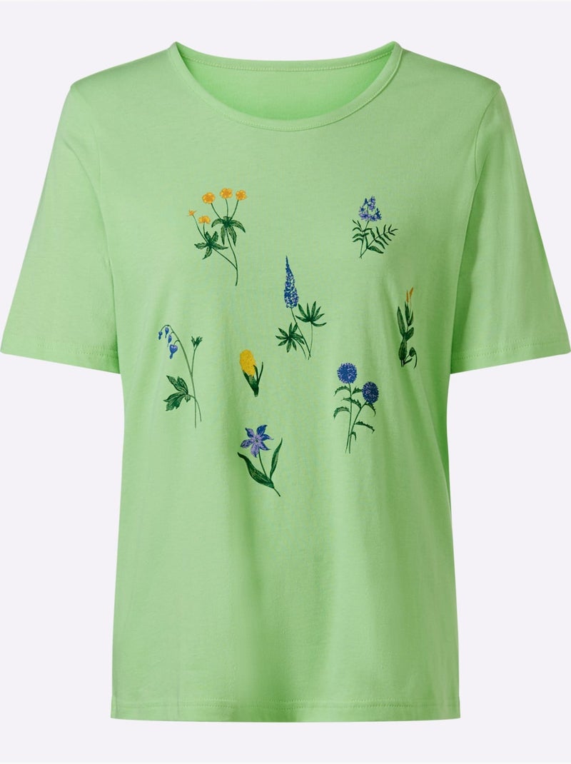 T-shirt à manches courtes avec encolure ronde et motif floral - Taille standard - Moda Vilona Gris Vert clair - Kiabi